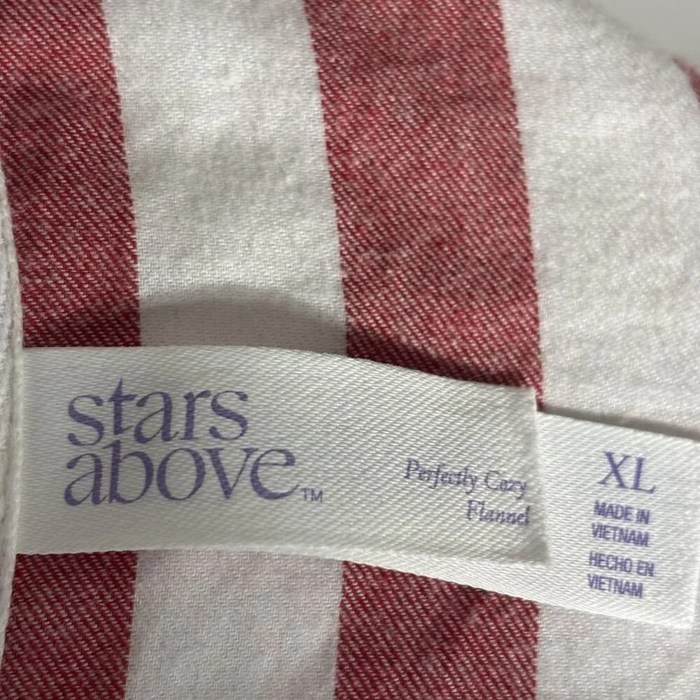 Red & White Striped Button-Down Nightshirt Stars Above Long Sleeves Flannel XL - Picture 8 of 11